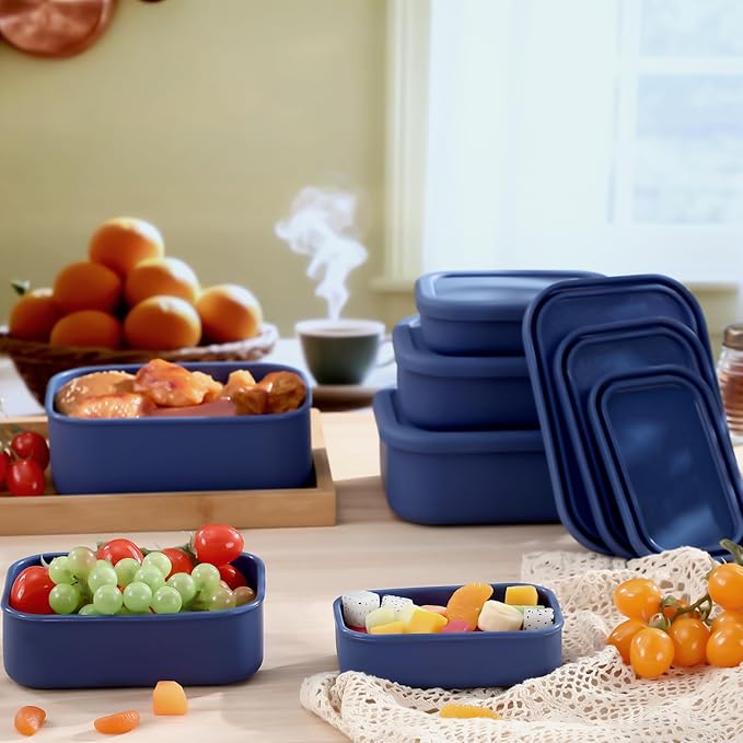 Blushtier 2 Sets of 6 Silicone Food Storage Containers with Lid Silicone Bento Box Rectangular Lunch Box Hard Shell Containers Microwave Dishwasher Freezer Safe, 10 oz, 23.6 oz, 44 Ounce(Blue)