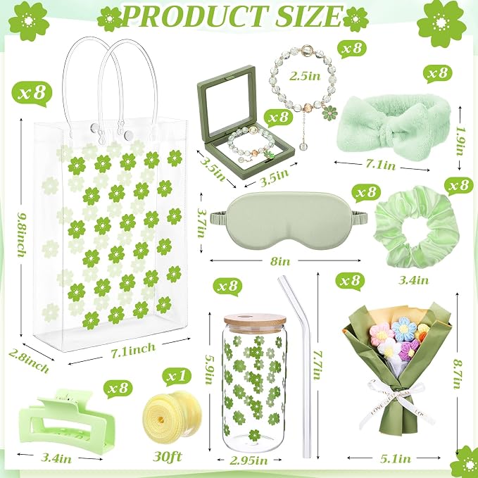 Vesici 73 Pcs Spa Sleepover Party Supplies Bulk Women 8 Sets Slumber Birthday Bridesmaid Gift Crochet Flower Glass Cup Eye Mask Hair Ties Gift Bag Bracelets Scrunchies Headband(Cherry Blossoms,Green)