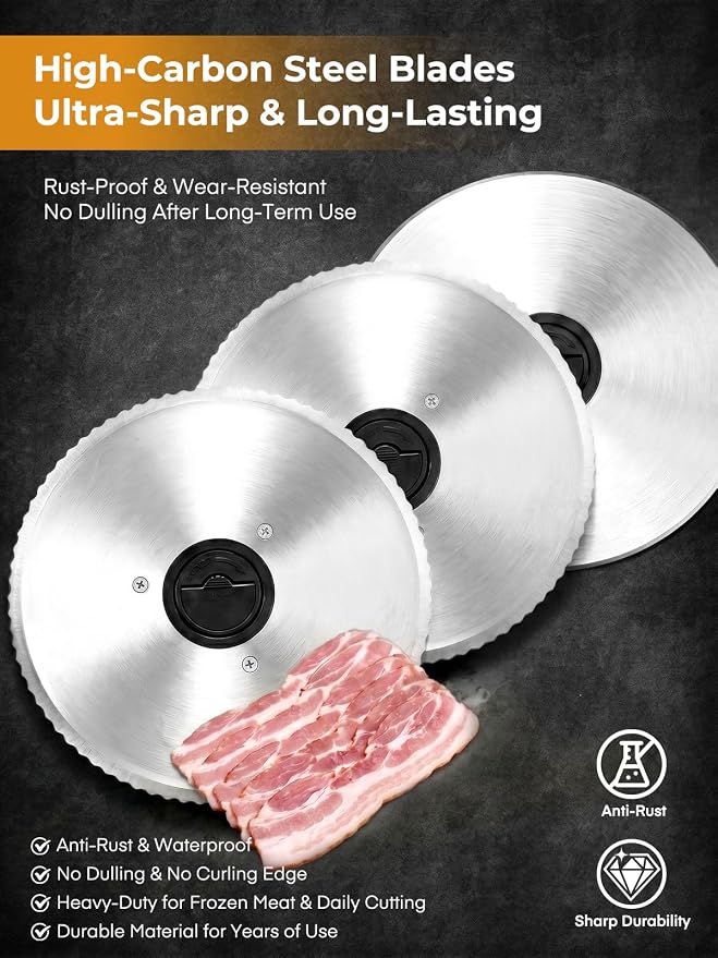 FOHERE 250W Meat Slicer Machine for Home, Electric Food Slicer with Stainless Steel Tray & Three 7.5" Stainless Steel Blade, 0-15mm Precise Thickness Deli Meat Slicer for Bread Fruit Vegetable (Red)