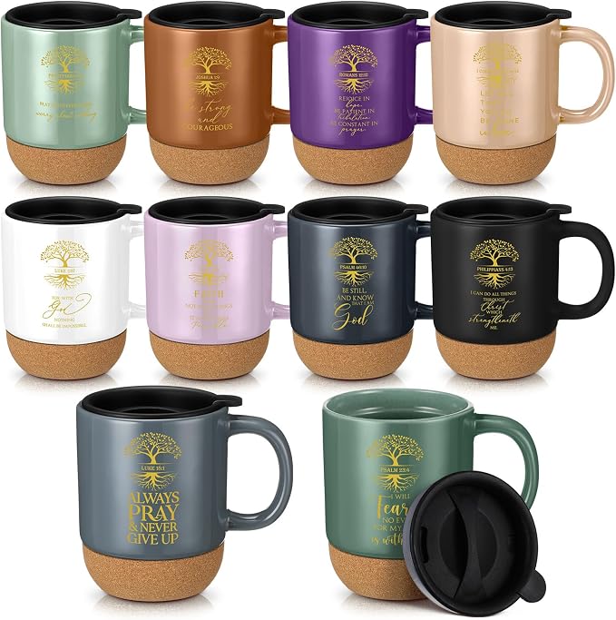 Jingmore 10 Pcs Christian Gift Bulk Religious Mugs with Bible Verse Coffee Cup 15oz for Teacher Nurse Women Men Church Member Employee Mom Dad Clergy Pastor(English Tree of Life)