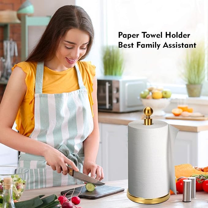 Gold Paper Towel Holder Countertop, Standing Paper Towel Roll Holder for Kitchen Bathroom, with Weighted Base for One-Handed Operation (Stainless Steel Base, Gold)
