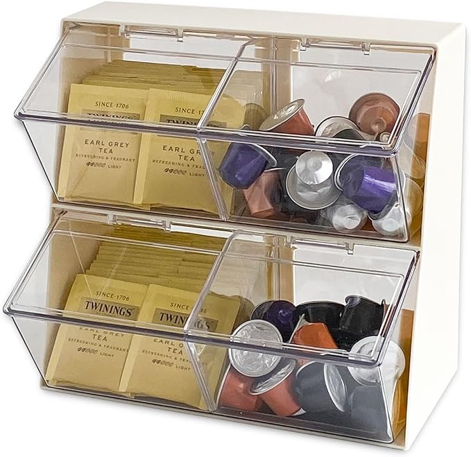 Large Coffee and Tea Organizer with Lid, Plastic Creamer Holder for Coffee Bar, Coffee Accessories Storage Box for K Cups, Coffee Pod, Sugar Bags, Drinking Straw (White)