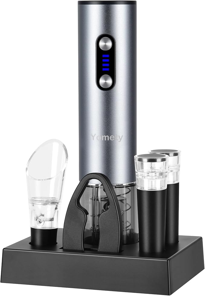 Yomety Electric Wine Opener With Base, Rechargeable Bottle Opener With 2-in-1 Aerator & Pourer, Foil Cutter, 2 Stoppers - Accessories Gifts for Wine Lovers