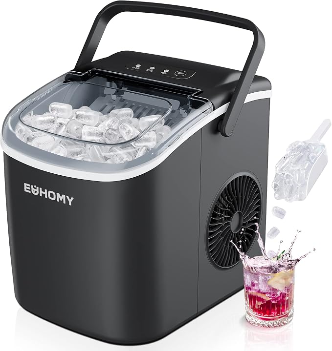EUHOMY Countertop Ice Maker - with Handle, 26lbs in 24Hrs, 9 Ice Cubes Ready & Perfect Stix Plastic Ice Bags 10 Lb. with Cotton Draw String Closure Pack 50 Bags.