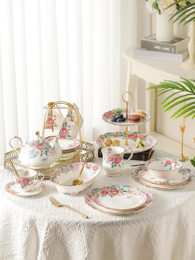 15 Piece British Bone China Tea Cup Sets, Elegant red Rose Pattern, Cups and Saucers Service for 4, with Teapot Sugar Bowl Cream Pitcher Teaspoons for Tea/Coffee, Gifts Set for Adults.