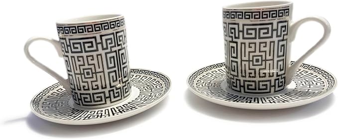 Mazeology Espresso Cups Greek Key Design Bone China 2 Sets Cups and Saucers Black and White with Gold Accents