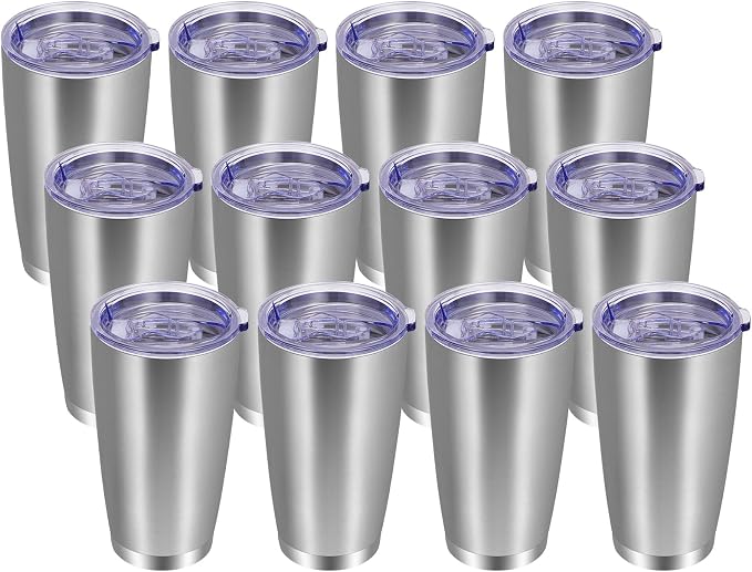 VEGOND 20oz Tumbler with Lid and Straw Stainless Steel Tumbler Cup Bulk Vacuum Insulated Double Wall Travel Coffee Mug Powder Coated Coffee Cup, Stainless, 12 Pack