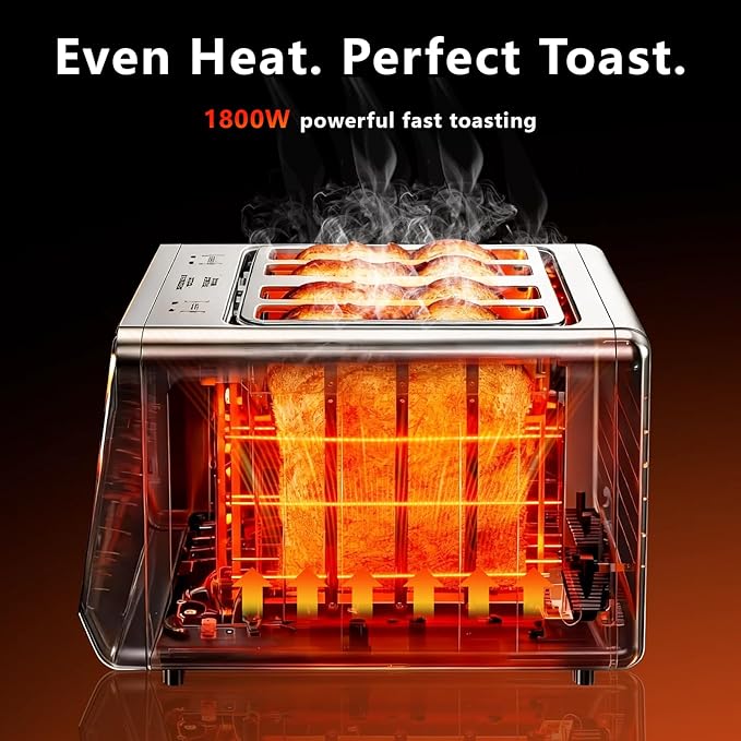 SAKAMOSH 4 Slice Touch Screen Toaster with Dual Control Panel, Wide Slots Smart Digital Toaster with 6 Browning Levels & Bread Type, Single Slice Toasting/Reheat/Defrost/Cancel, 1800W, Stainless Steel