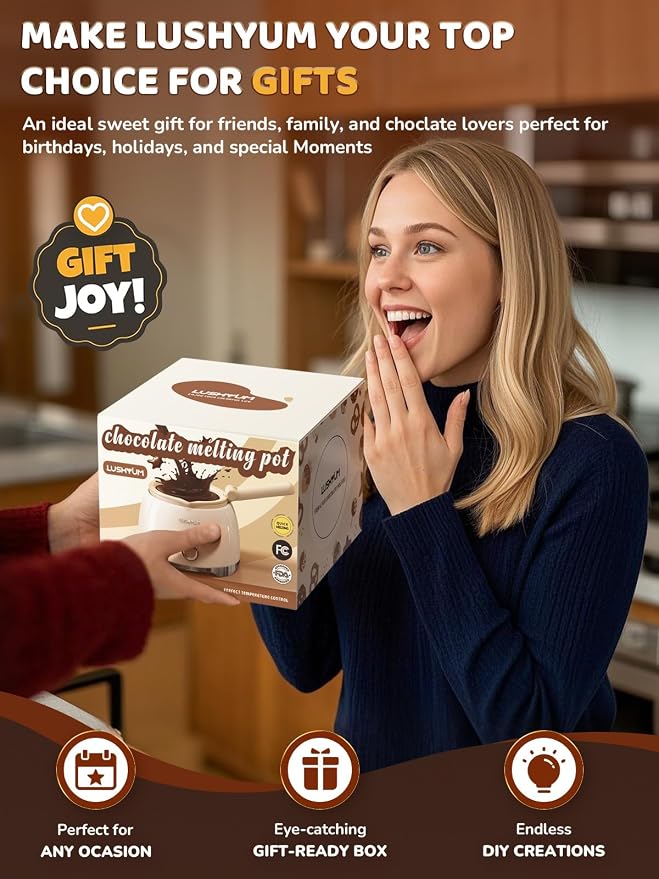 LUSHYUM Electric Chocolate Melting Pot with 2 Insert Pots, 4-Cup Chocolate | Even Heating & Fast Melting, BPA-Free Silicone, Easy Clean, Less Waste, Ideal for Chocolate & Candy Melts, Parties & Fondue