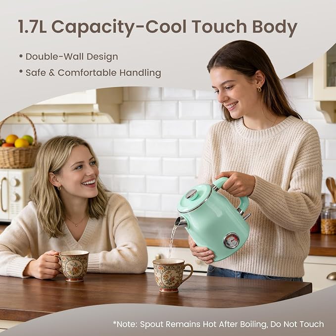 Mecity Retro Electric Kettle 1.7L, Stainless Steel Interior (No Plastic Contact), Double Wall Cool Touch, Fast Boil 1500W, Thermometer (°F/°C), Removable Lid, Wide Opening Easy Cleaning, 120V, Green