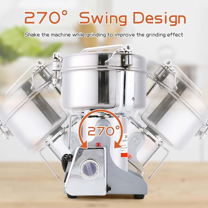BI-DTOOL Electric Grain Mill Grinder 2000g Stainless Steel Pulverizer 36000r/min High-speed Grain Mill 3500W Dry Material Grinding Machine 270° swingable Superfine powder for Home and Commercial