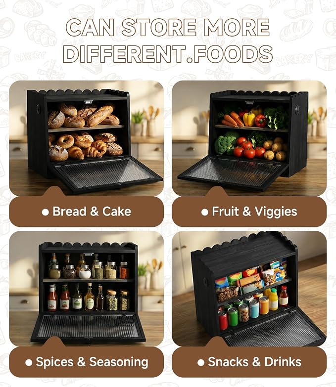Bread Box for Kitchen Countertop Wooden Double Layer Bread Storage Container Bin Breadbox Holder Large Capacity Keeper Vintage Farmhouse Food Organizer (Black, Large)