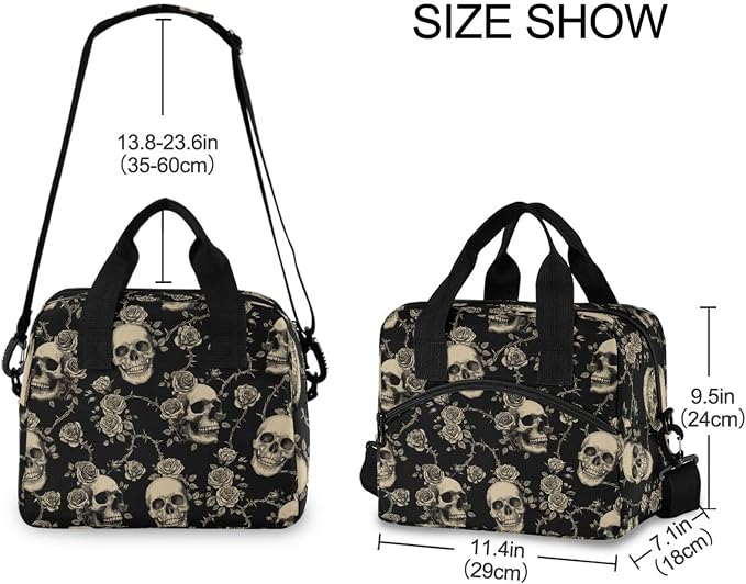 Skull Insulated Lunch Bag Reusable Lunch Tote Bag Cooler Bag for Women Men Adult Lunch Box with Adjustable Shoulder Strap Leakproof Lunch Bag for Work Picnic Camping