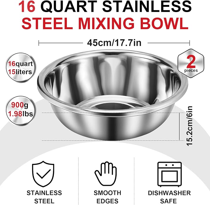 FillTouch 2 Pack Large Mixing Bowl 16 Qt Oversized All Purpose 304 Stainless Steel Polished Mirror Flat Base Metal Bowl for Home or Commercial Prepping Baking Mixing Marinating