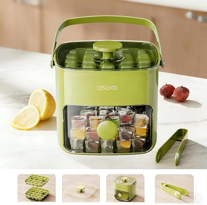 Compact Ice Cube Tray with Lid and Bin, Mini Press-Type Ice Cube Maker for Freezer, Space-Saving Small Ice Bucket with Tongs for RV, Office, Mini Ice Cube Trays & Water Bottles, BPA-Free (Green)