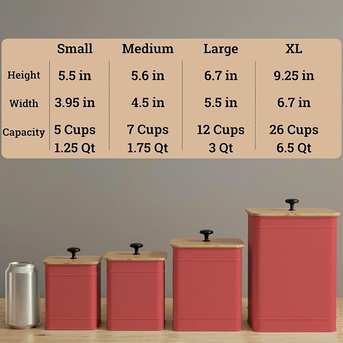 Kitchen Canisters for Countertop Set of 4 w/ Chalkboard Labels & Marker Pen | Airtight Easy Open Bamboo Lids, Dent-Resistant Thick Metal, Customizable Chalkboard Labels, Marker Pen Included, Set of 4
