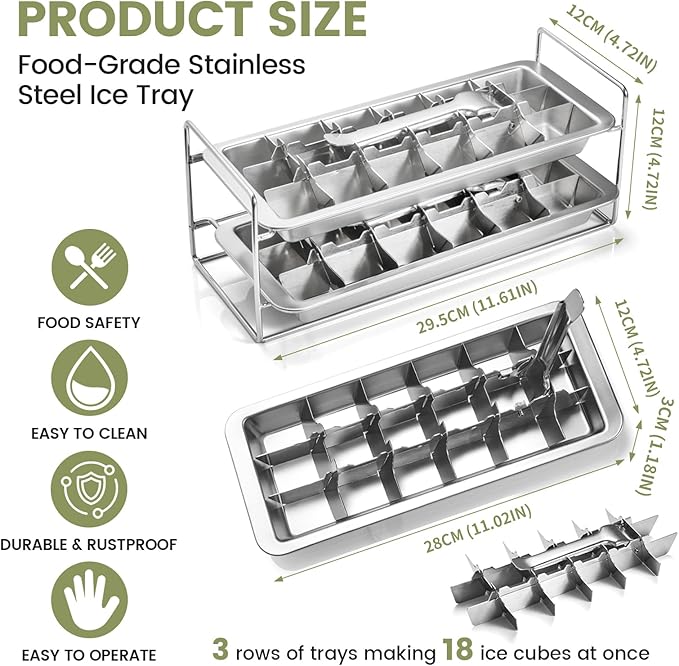 Stainless Steel Ice Cube Trays with lever and Stand for Freezer - Large Metal Ice Mold with Silicone Lid, Non-Toxic Whiskey Ice Cubes Tray, Easy Release Reusable Kitchen Essential (Set of 2)