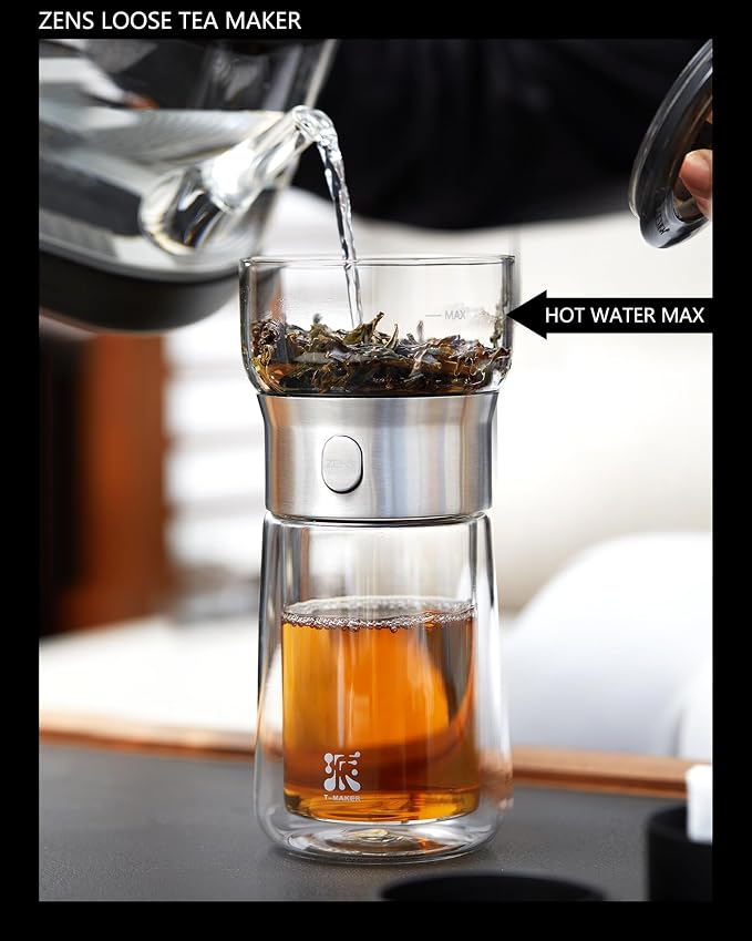 ZENS Modern Tea Infuser Teapot, One Touch Tea Maker for Loose Leaf Tea | Glass Magic Tea Pot, Mess free Tea Steeper with Insulated Mug, Portable Tea Infuser with Case for Tea Lovers