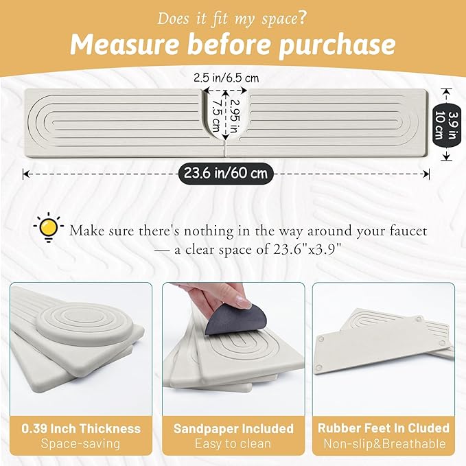 New Version Super Absorbent Faucet Mat, Kitchen Sink Dish Drying Stone Tray, Prevents Moisture Buildup, Diatomaceous Earth Faucet Handle Drip Catcher, Sink Splash Guard Bathroom Accessories, Ash Gray