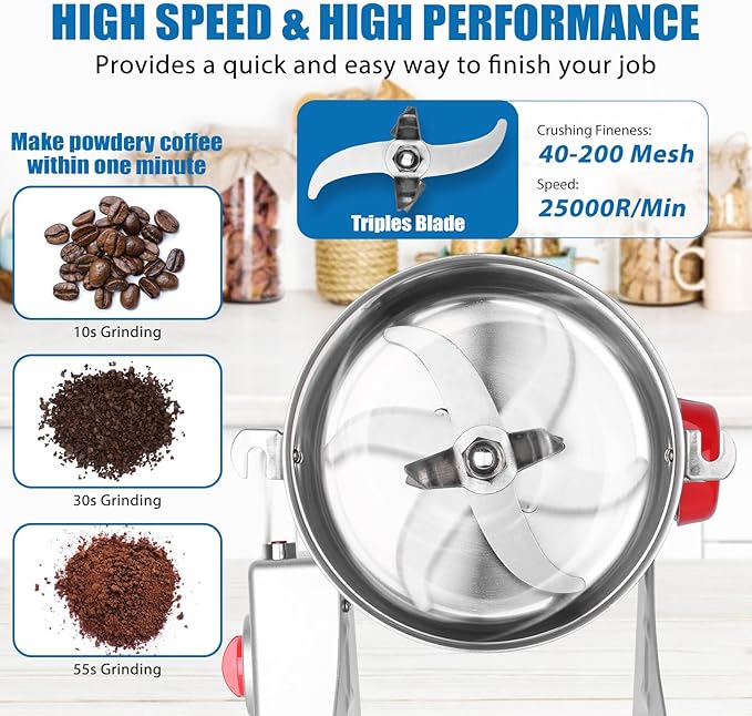 Electric Grain Mill Grinder, 800g Stainless Steel Grain Mill, 3000W High Speed Commercial Grinder Machine, Pulverizer Spice Herb for Dry Grains Cereals Coffee Corn Pepper, Swing Type