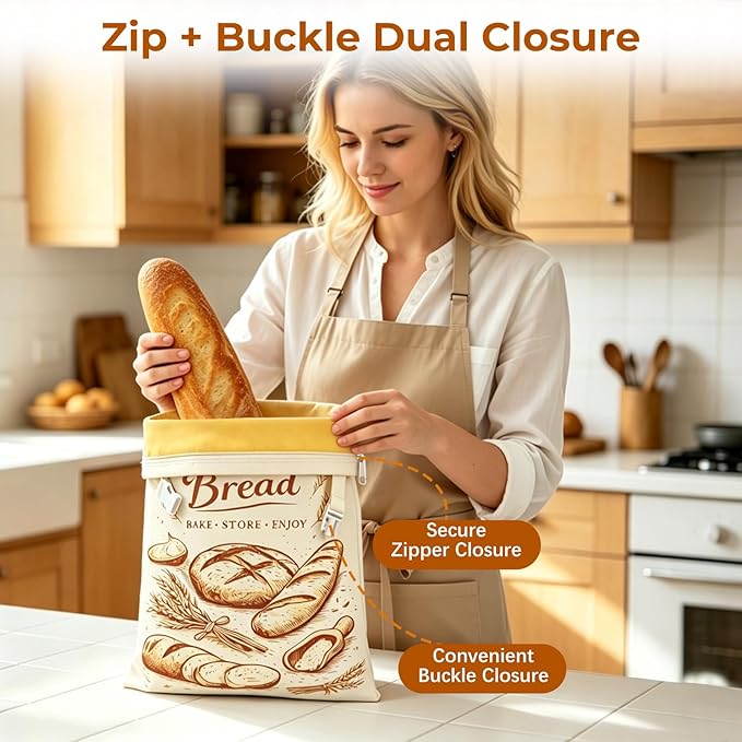 Beeswax Bread Bags for Homemade Bread, 2 Pack XL Sourdough Bread Bags with Zipper & Buckle Closure, Reusable Linen Bread Storage Bags for Artisan Loaves