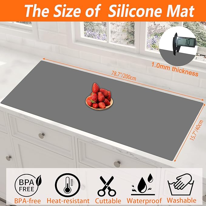 Large Silicone Mat for Kitchen Countertop, 78.7''x15.7''(200cmx40cm) Heat Resistant Kitchen Island Protector Mat, Extra Large Kitchen Counter Mat,Multipurpose Cuttable Silicone Mat, Semitransparent