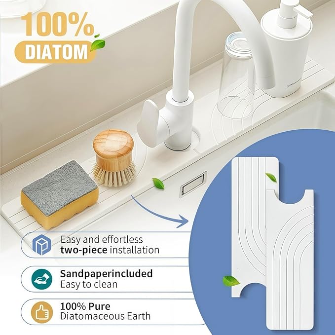 Faucet Mat for Kitchen Sink, 23.6" x 3.9" Diatomaceous Earth Water-Absorbing Stone Tray,Fast Drying, Splash Guard for Kitchen and Bathroom Countertops