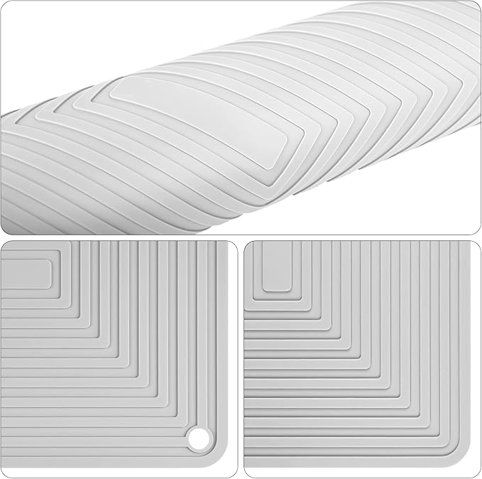 Trivets for Hot Dishes-Pots and Pans, Heat Resistant Mats-Pot Holders, Flexible Silicone Hot Pads for Kitchen Table, Non Slip Silicone Mats Placemats, Rectangular Trivet Mat Pack 4 Light Gray