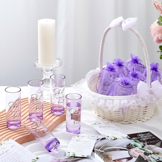 Sliner 100 Set Wedding Favors for Guests Bulk 2oz Acrylic Take a Shot We Tied the Knot Shot Glasses with Thank You Cards Organza Bags for Guest Souvenir Wedding Bridal Shower Gifts (Purple,Black)