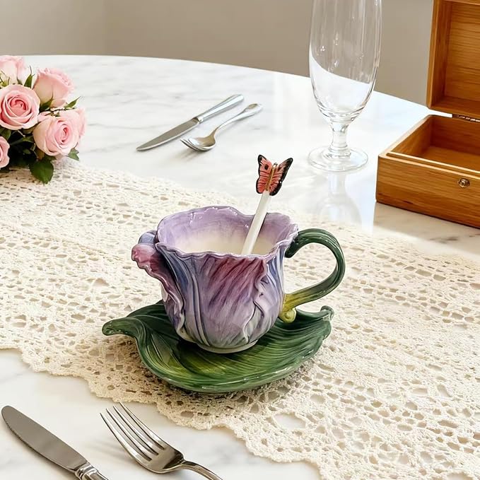 Ceramic Tea Cup and Saucer Set ，8OZ 3D Hand-Painted Flower Coffee Mug，Gift for Women -Pinkish Purple