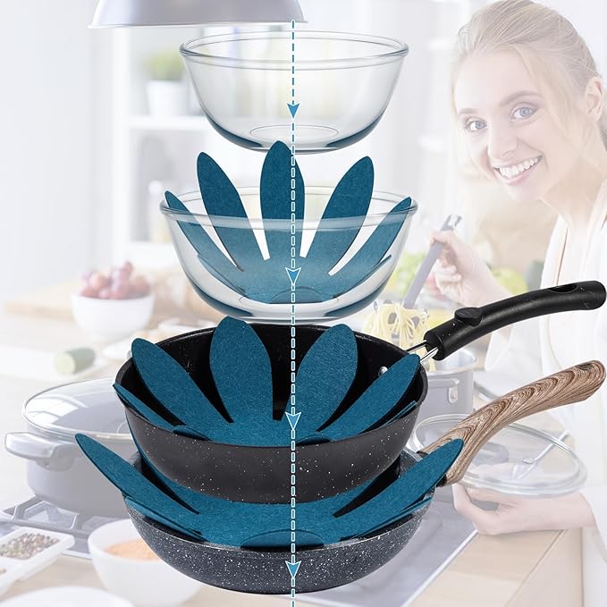 Queekay 36 Pcs Felt Pot Pan Protectors Dish Dividers Separators Bakeware Cookware Scratch Protectors Different Sizes, Thicker Pan Pads for Stacking Cookware Organizing Protecting(Gray Blue)