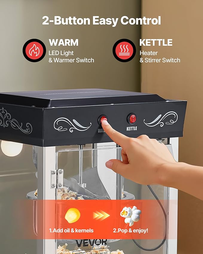 VEVOR Popcorn Machine, 8oz Stainless Steel Kettle, 800W Commercial Countertop Popcorn Maker, 48 Cups per Batch Theater Style Popper, with 2-Button Control Glass Wall PC Door 1 Scoop 3 Spoons, Black