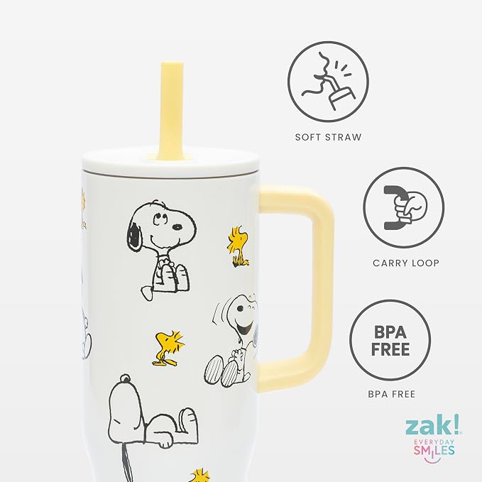 Zak Designs Peanuts Sutton Travel Tumbler for On the Go, 30oz Stainless Steel with Vacuum Insulation, Silicone Straw, and Carry Handle for Cold Drinks, BPA Free (Snoopy & Woodstock)