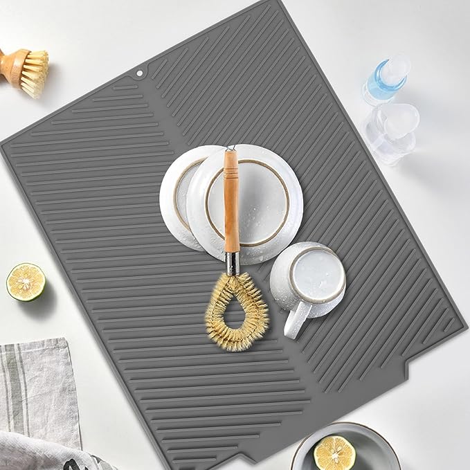 Draining Board Mat, Non Slip Silicone Dish Drying Mat Flume Drain Board Drainer Mat for Kitchen Countertop Tabletop Accessories (Gray)