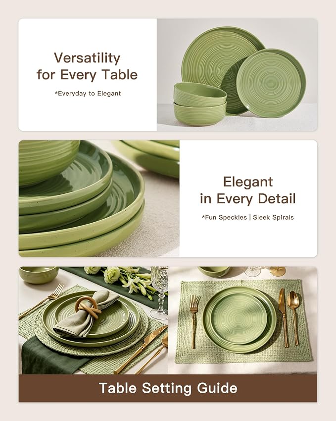 18-Piece Stoneware Dinnerware Sets for 6 - Farmhouse Coupe Plates and Bowls with Speckles & Spirals - Chip & Scratch Resistant, Microwave & Dishwasher Safe - Gift Box, Olive Green