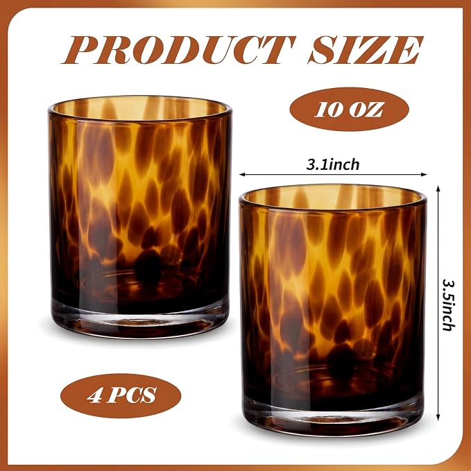 Honeydak Set of 4 Tortoise Leopard Print Brown 10.15 oz Rocks Glasses Stylish Stemless Cocktail Cups Glass Glassware Tumbler Ideal for Gin, Tequila, Vodka, Soft Drinks