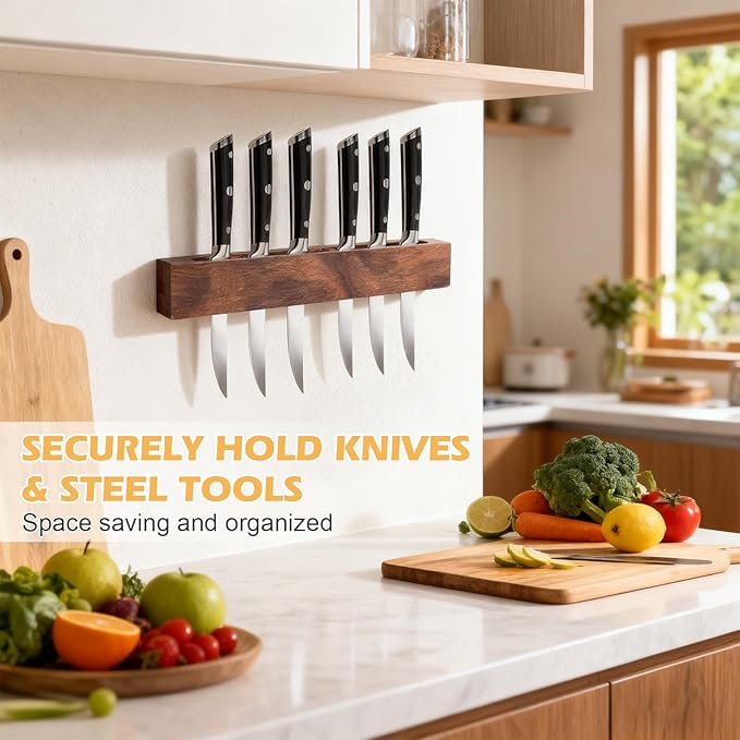 16 Inch Magnetic Knife Holder for Wall Wooden Magnetic Knife Strip Under Cabinet Magnet Knives Storage Kitchen Knife Rack kitchen Magnetic Utensil holder for Kitchen Utensils & Tools, Walnut