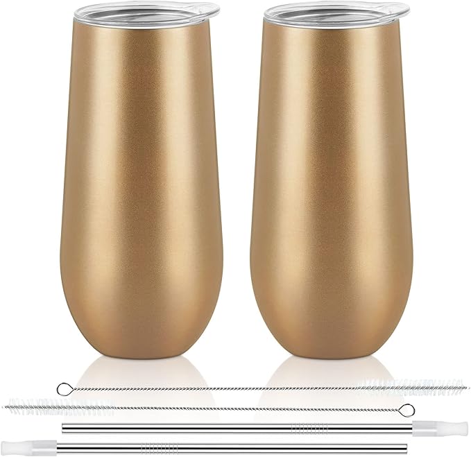 Lifecapido 2 Pack Stemless Champagne Tumblers, 12oz Insulated Champagne Flutes with Lid, Insulated Champagne Glass, Champagne Flute Tumbler, Great Gift for Birthday Party Wedding Christmas (Gold)…