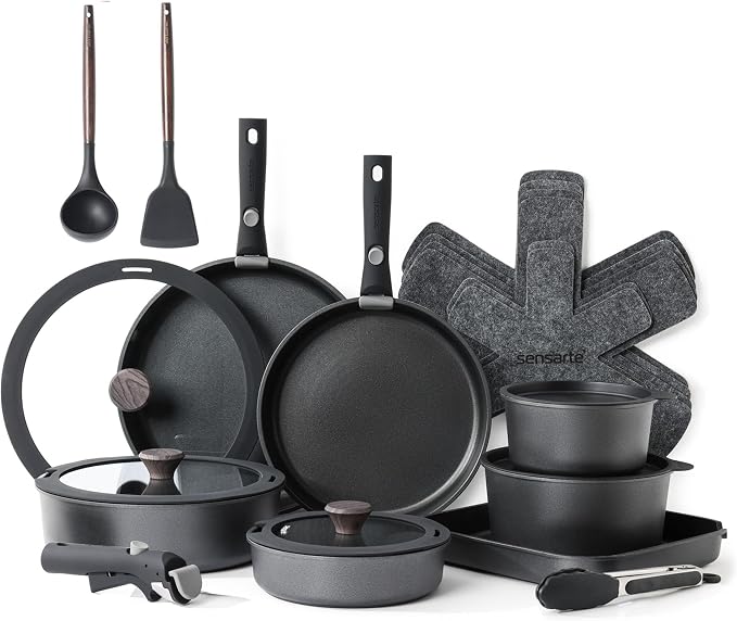 SENSARTE 24 Piece Pots and Pans Set, Nonstick Detachable Handle Cookware, Induction Kitchen Cookware Set with Removable Handle, Healthy Non Stick for RV, Dishwasher＆Oven Safe (Black)