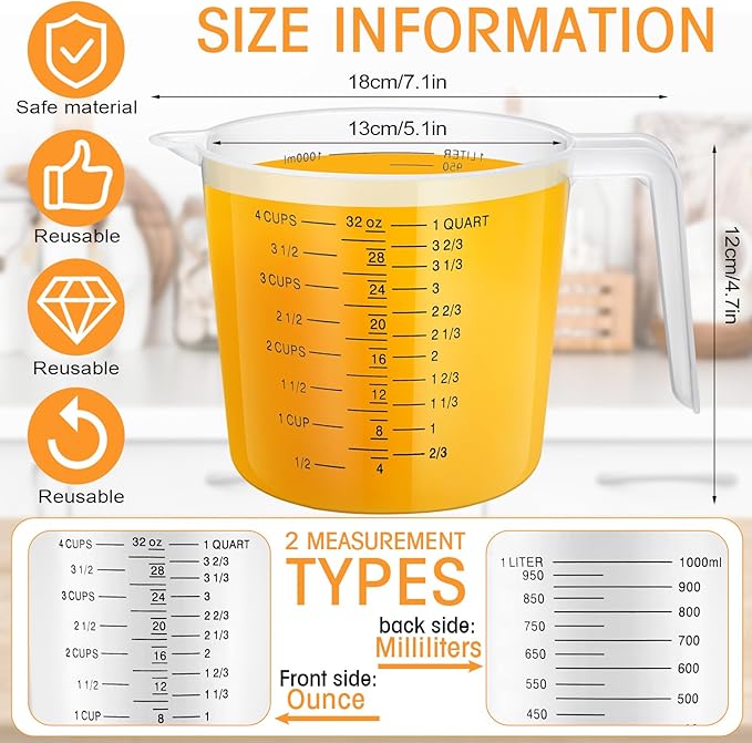 Fabbay 24 Pcs 4 Cup Capacity Plastic Measuring Cup 32 oz Clear Graduated Measurement Cups with Spout and Handles Ounce and ml Marking for Recipe Ingredient Flour Liquid Baking Cooking Mixing(Black)