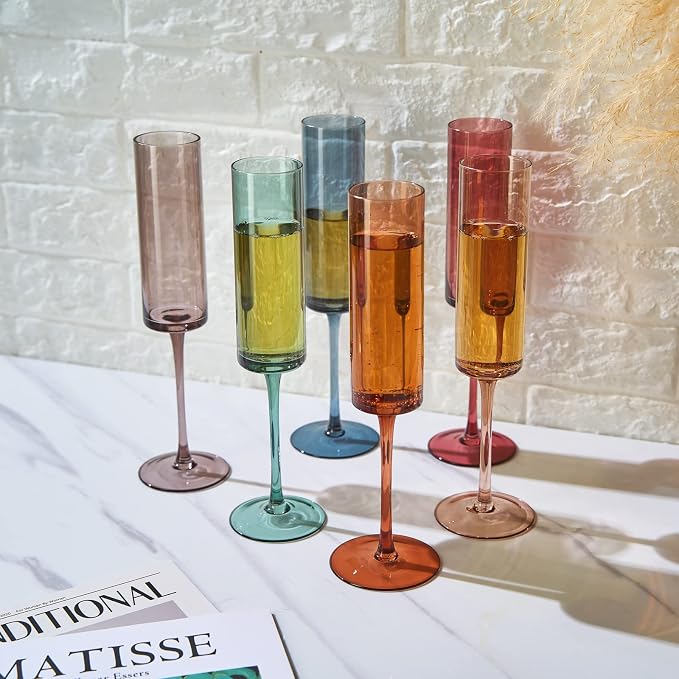 Khen Colored Champagne Flute Stemmed Glasses | Set of 6 | 6oz Art Deco Stemmed Martini Muted Vintage Glasses for Champagne, Cocktail, Margarita, Wedding Glass, Gift Idea, Muted Pastel Colors Unique