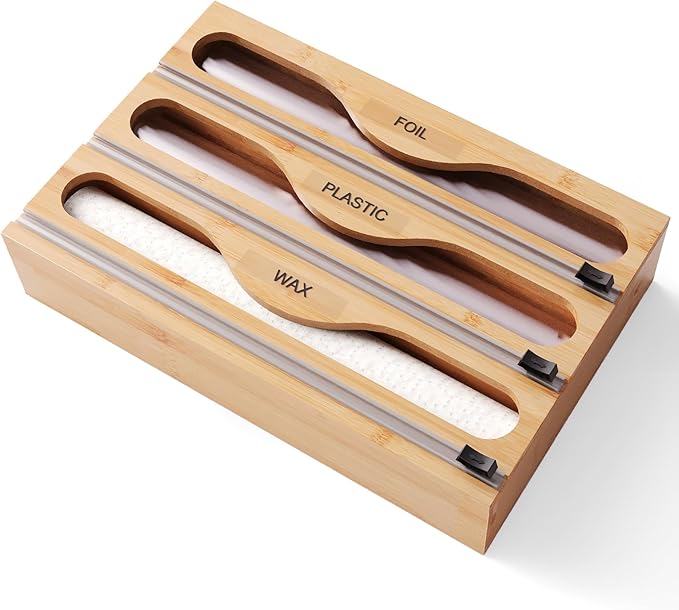 Wrap Dispenser with Cutter and Labels, Plastic Wrap Organizer For Kitchen,Bamboo 3-in-1 Wrap Dispensers for Cling Wrap Aluminum Foil and Wax,Storage Organization Holder（Natural）