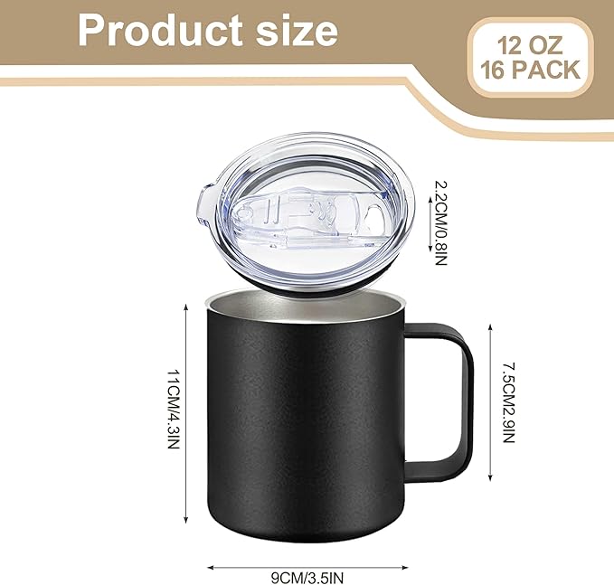 YOUKE OLA 16 Pack Stainless Steel Insulated Coffee Mug Bulk with Handle & Lids, Powder Coated 12oz Vacuum Insulated Double Wall Mug for Laser Engrave, Black