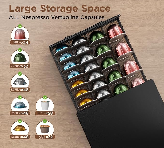HFHOME Coffee Pod Holder Drawer Compatible with Nespresso - 48 Small or 24 Large VertuoLine Pods - Coffee Capsule Storage Organizer for Vertuo - Coffee Capsule Holder for Home Kitchen