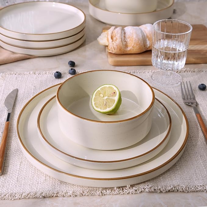 Famiware Nebula Plates and Bowls Sets, 24 Pieces Stoneware Dinnerware Sets, Microwave and Dishwasher Safe Dish Set, Dishware Sets for 8, Vanilla White with Brown Rim