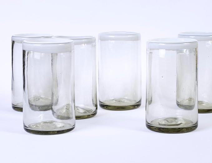 15 oz Hand Blown Mexican Drinking Glasses - Set of 6 tumblers, 15 fl oz each, White Rim