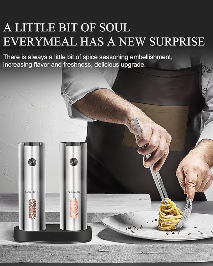 Electric Salt and Pepper Grinder Set with Rechargeable Base - Upgraded Large Capacity, Refillable Pepper Mill Set with LED Light & Adjustable Coarseness, Ideal for Kitchen, Outdoor (Polished Silver)