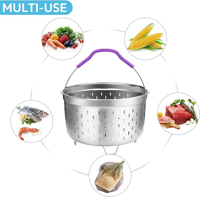 Steamer Basket for instant Pot Pressure Cooker, Accessories Set Compatible with 5/6/8 Qt InstaPot -18/8 Stainless Steel Strainer Insert with Silicone Handle,Divider,Egg Steamer Rack, 6 Quart
