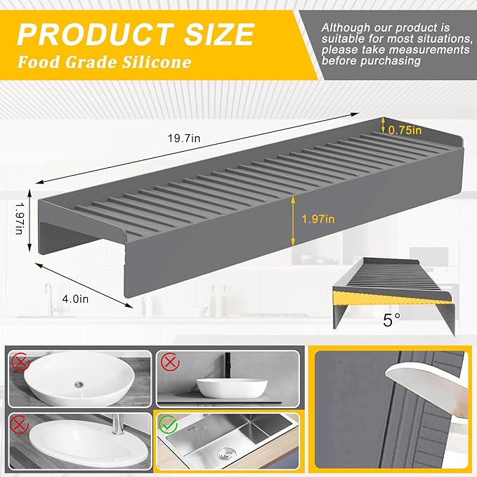 Kitlers Silicone Edge Protectors - Multifunction Sink Accessories, Splash Guard & Draining Mat for Kitchen, Bathroom Sink, Steel, Granite, Quartz Countertops(Gray)
