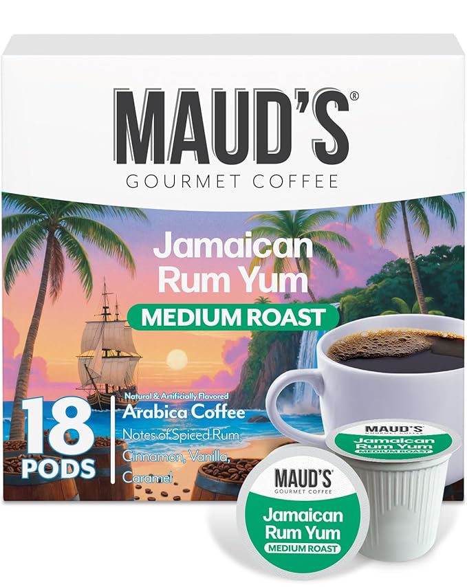 Maud's Jamaican Rum Yum Flavored Coffee Pods, 18 ct, Medium Roast Flavored Coffee in Single Serve Pods – 100% Arabica Beans, Compatible with Keurig K Cups Maker